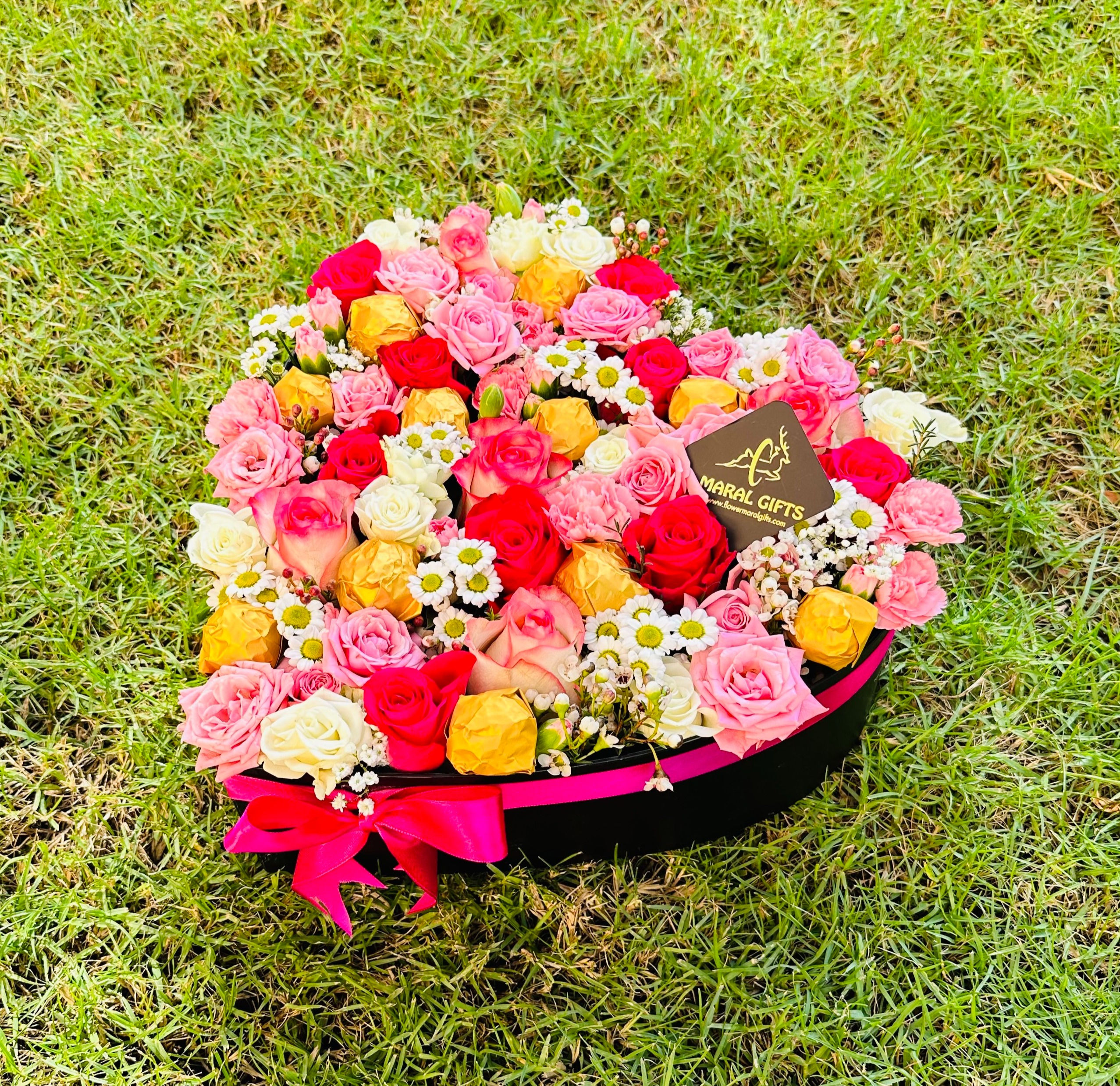 Celebration with Flower heart box and Chocolates