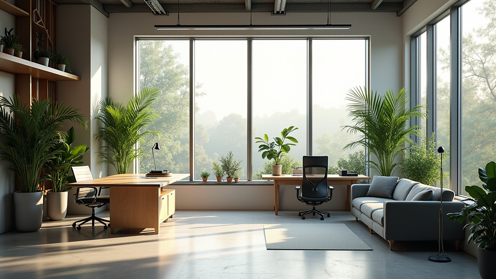 Wide angle view of a modern workspace with a large window and greenery