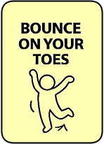 Bounce on your toes. A person bouncing on their toes with arms out for balance, with an arrow pointing to the lifted foot to show movement — expressing a light, springy movement that helps wake up the body or release extra energy.