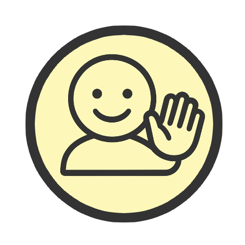 Minimal waving figure, representing being welcomed in a friendly, reassuring way by staff.