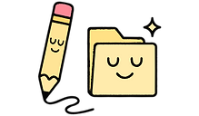 A calm pencil gently doodling beside a cheerful folder with a small sparkle symbolising organising.