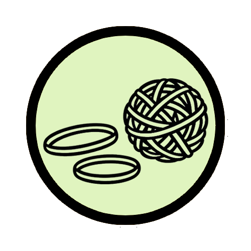 Outlined ball of elastic bands with two elastic bands, representing gentle stretching or lengthening movements.