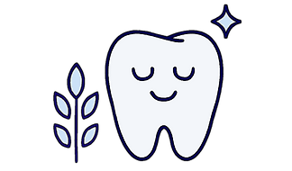 Soft grain icons beside a smiling tooth with a gentle shine.