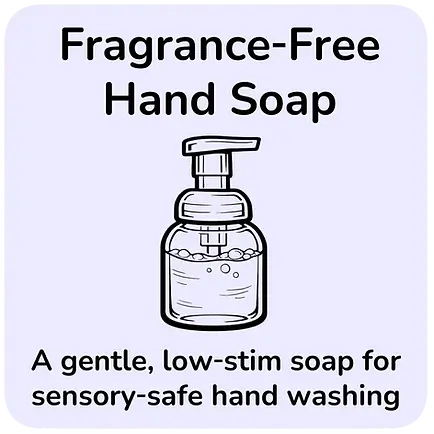 Fragrance‑Free Foaming Hand Soap, soft, gentle foam for calmer daily hygiene. Outline illustration of a foaming soap bottle.