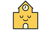Smiling school building with a gentle clock.