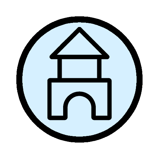 Wooden building blocks stacked in a triangle, arch, and rectangle shape, representing calm, creative playtime.