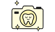 A small camera icon with a smiling tooth inside the lens, surrounded by gentle sparkles.