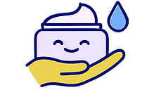 A gentle hand holding a calm jar of moisturiser with a soft swirl on top beside a calm water droplet.