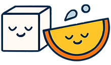 A calm sugar cube beside a soft orange slice with a juice splash and a gentle bubble.