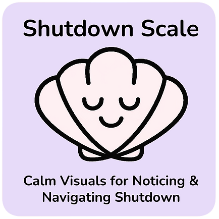 Gentle Shutdown Scale, Calm Visuals for Noticing & Navigating Shutdown. A soft illustration of a closed clam shell. The shell represents a state of full shutdown where the child needs stillness, protection, and no demands.