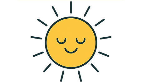 A bright sun with a smiling face and soft rays, giving a warm, gentle morning feeling.
