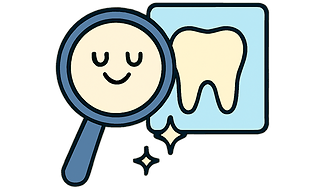A calm magnifying glass beside a gentle tooth picture and soft sparkles.