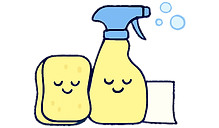A calm sponge next to a spray bottle releasing soft bubbles, with a gentle wipe beside them.