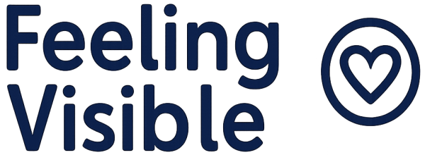 Feeling Visible logo with outline of heart inside a circle to symbolise emotional safety, inclusivity, and care held within a supportive space