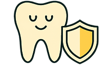A calm tooth beside a gentle shield.
