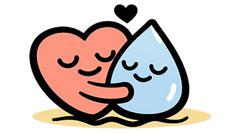 A heart and a water drop hugging each other with closed eyes, showing comfort and care.