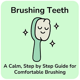 Brushing Teeth. A Calm, Step by Step Guide for Comfortable Brushing. Calm toothbrush surrounded by gentle sparkles.