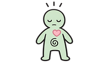 A simple body outline with a swirl on the tummy, fast heart and lines above the head, with a neutral expression.