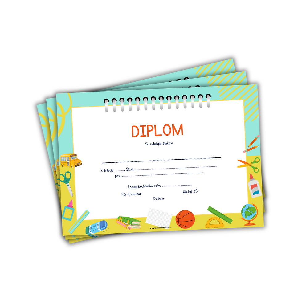 diplom so skolskymi potrebami a autobusom, skolky autobus a modro-zlte pozadie pre diplom, jasny text na bielom pozadi ktore je mozno upravit v Canva
