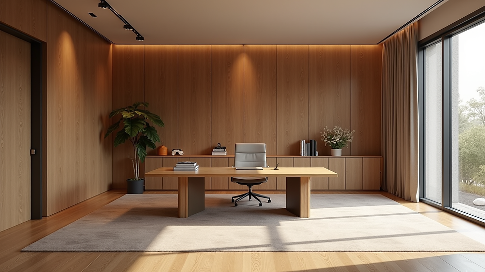 Wide angle view of a luxury office interior with custom wood paneling