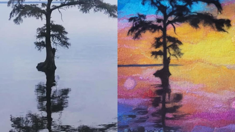 The photo of the Balgrae Cypress tree from which I drew the transfer and then needle felted onto the background.