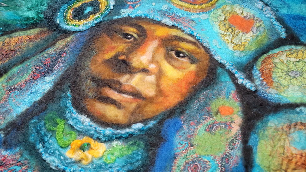 Big Chief Mardi Gras Indian contemporary portrait created by wet, nuno, and needle felting.