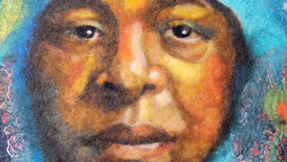 Big Chief Mardi Gras Indian contemporary portrait created by wet, nuno, and needle felting.