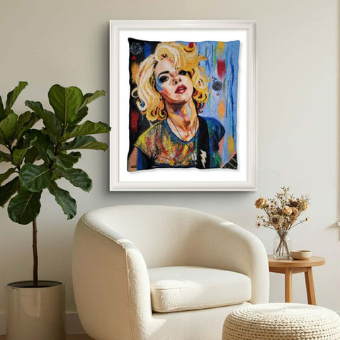 “Dream Girl,” felted portrait inspired by musician Samantha Fish with sculptural blonde yarn hair and lightning-bolt guitar strap.