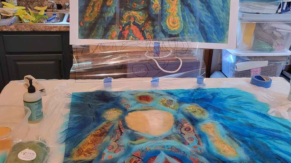 Big Chief Mardi Gras Indian contemporary portrait created by wet, nuno, and needle felting.