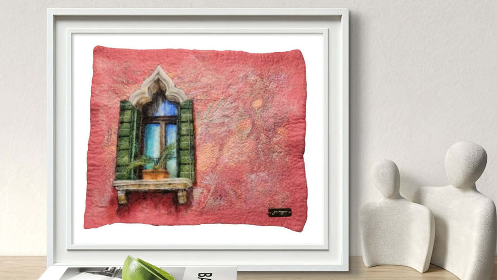 Contemporary fiber artwork depicting a Gothic-style Venetian window with weathered green shutters and a flower box set into a