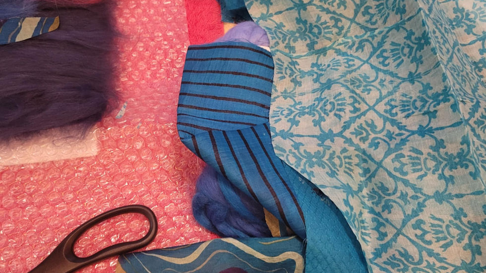 Adding silk fabric to the fiber layout. This is called Nuno felting.