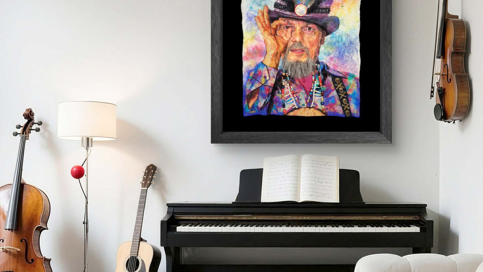 The Gris-Gris Man, a contemporary fiber portrait of New Orleans musician Dr. John by Jennifer Morgan. Handcrafted using wet,