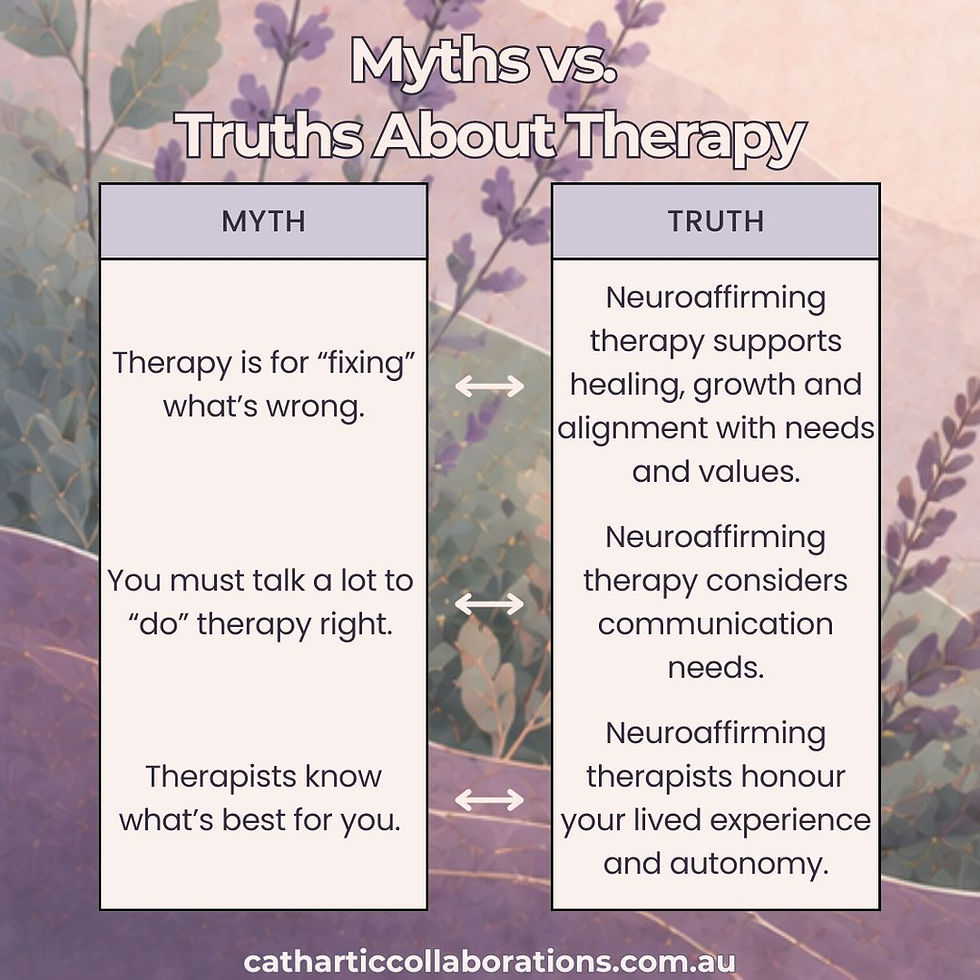 Infographic titled Myths vs. Truths About Therapy compares myth and truth panels over a pastel floral background.