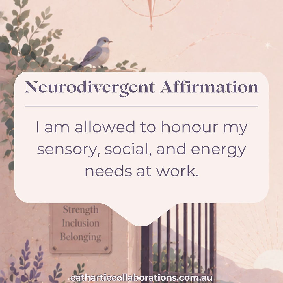 Pastel poster with bird and leaves reads, Neurodivergent Affirmation: I am allowed to honour my sensory, social, and energy needs at work.