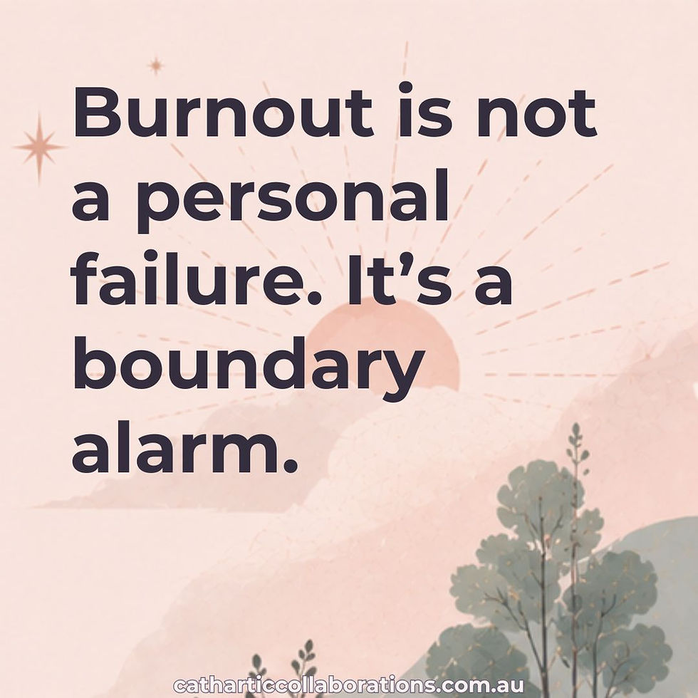 Poster with pastel sunrise and trees, reading Burnout is not a personal failure. It’s a boundary alarm.