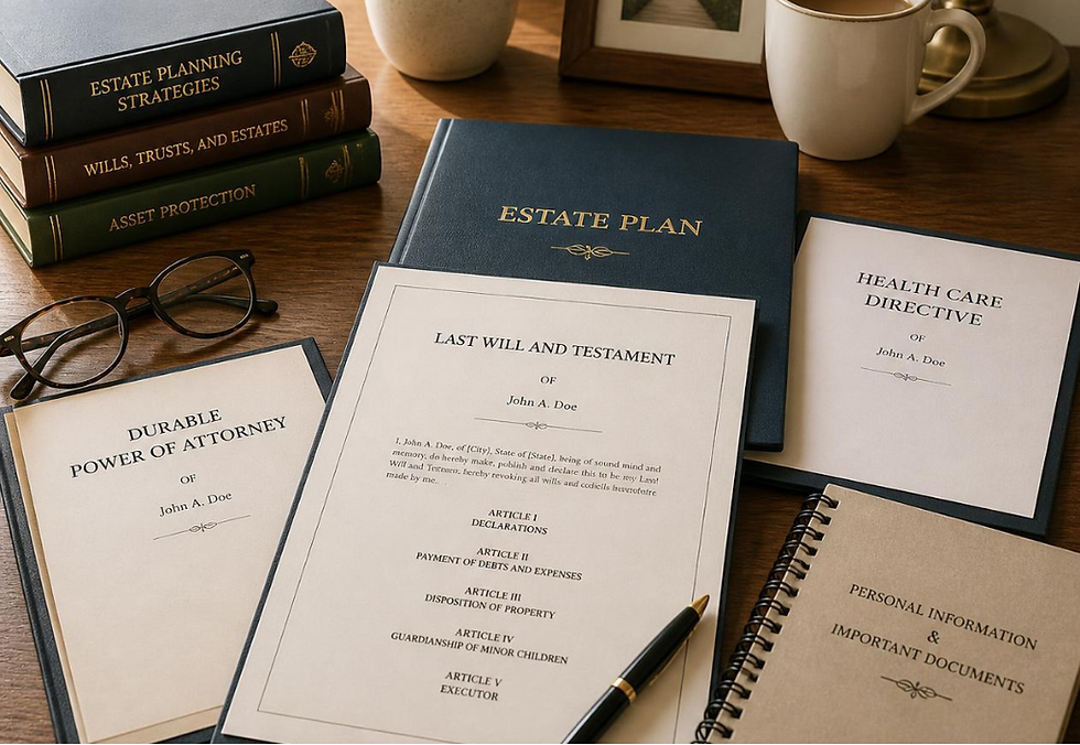 Estate planning documents on a wooden desk