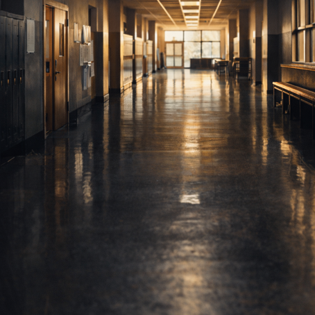 Lege schoolgang in zacht ochtendlicht, symbool voor de ruimte die nodig is voor professioneel oordeel in het onderwijs.