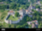 Aerial view of a medieval French castle and village