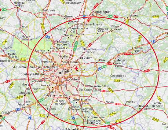 zone géographique d'intervention située dans une couronne autour de Paris, vers l'Est et banlieue