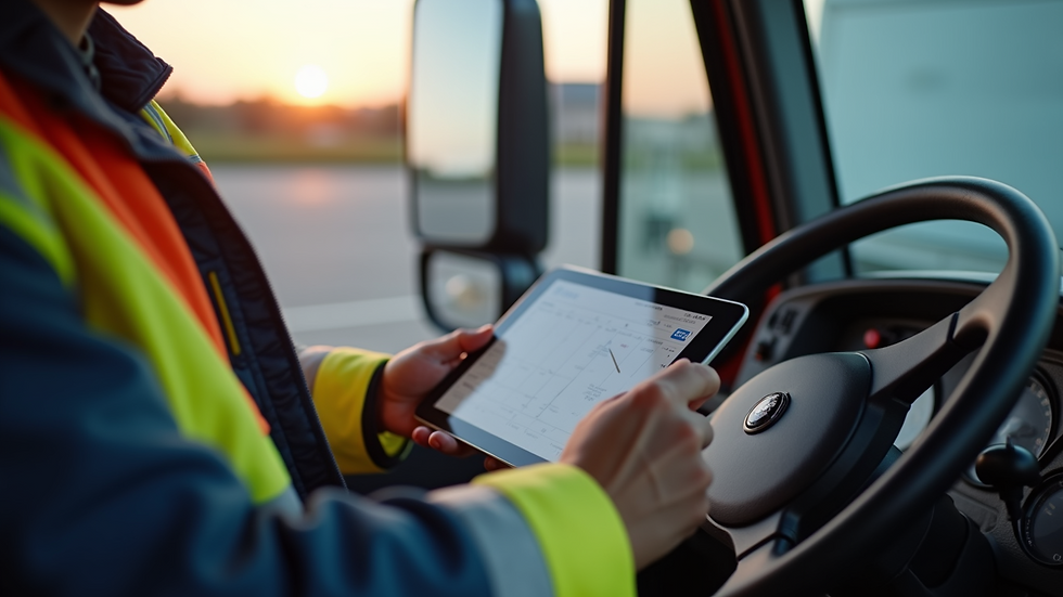 High angle view of a trucker using a tablet to check freight details