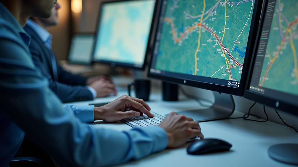 Close-up view of a logistics coordinator working on a computer with transportation maps