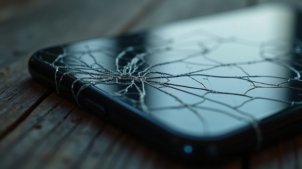 Close-up view of cracked iPhone screen with visible spiderweb cracks