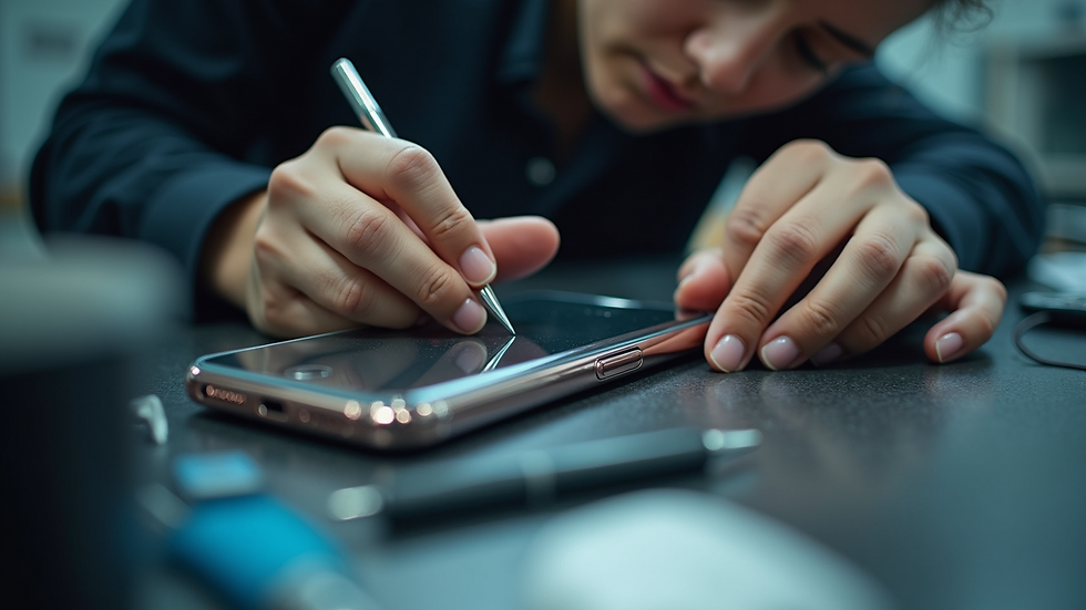 Eye-level view of a mobile phone repair technician fixing an iPhone screen