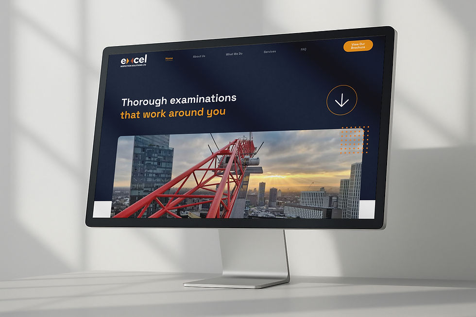 Monitor displaying a website with a city skyline and red crane at sunset. Text: "Thorough examinations that work around you."