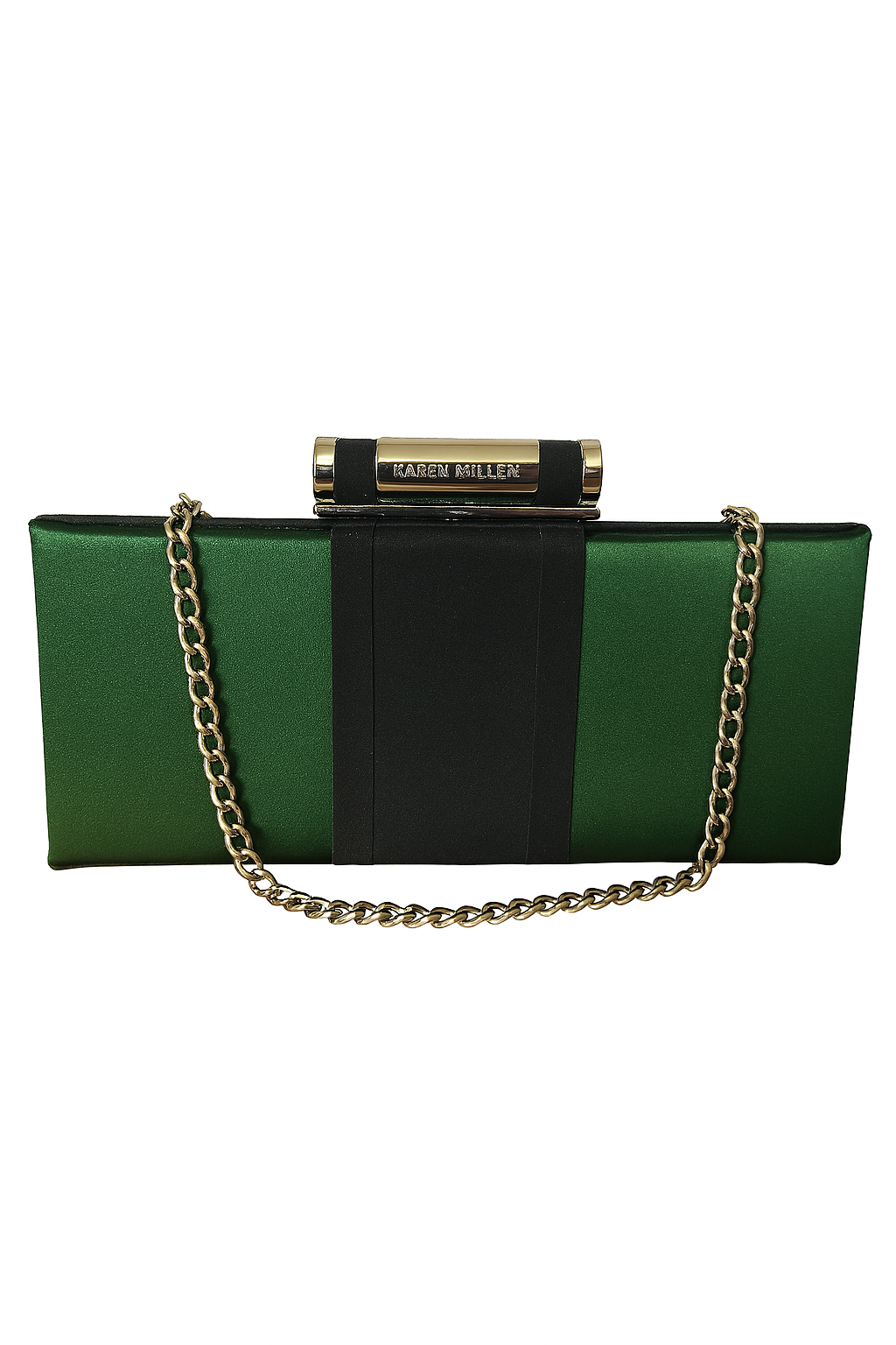 B99 - Karen Millen Green Satin Clutch Bag with Black Panel & Gold Hardware