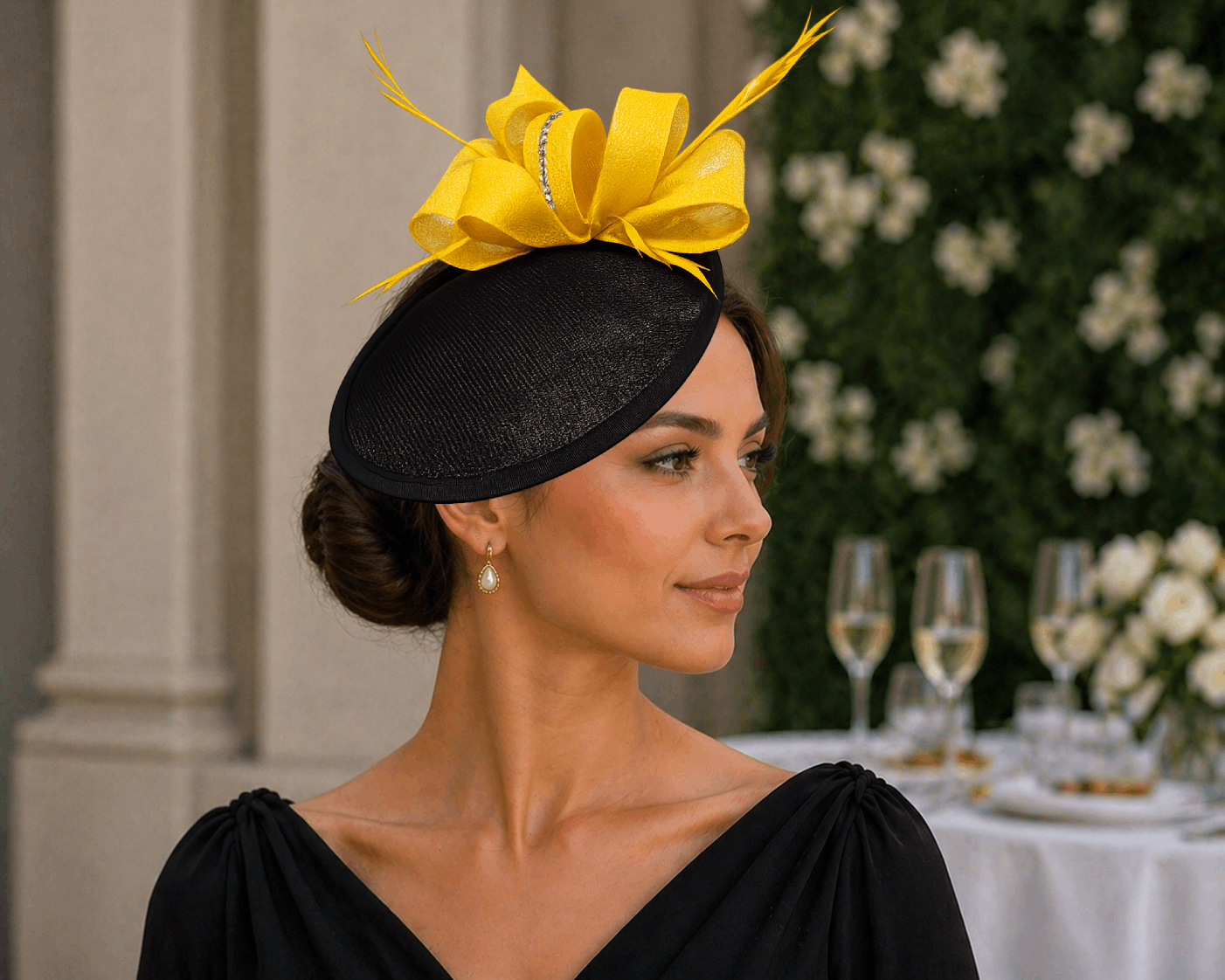 F86 - Bespoke Black & Yellow Sinamay Fascinator with Bow & Feather Detail