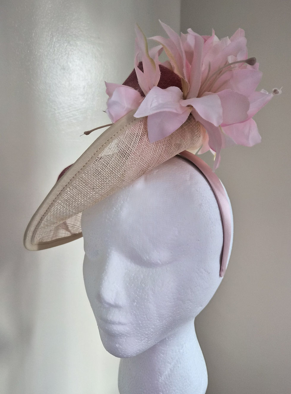 Thumbnail: F142 - Hats Away Bespoke Ivory & Blush Pink Floral Sinamay Fascinator Hat