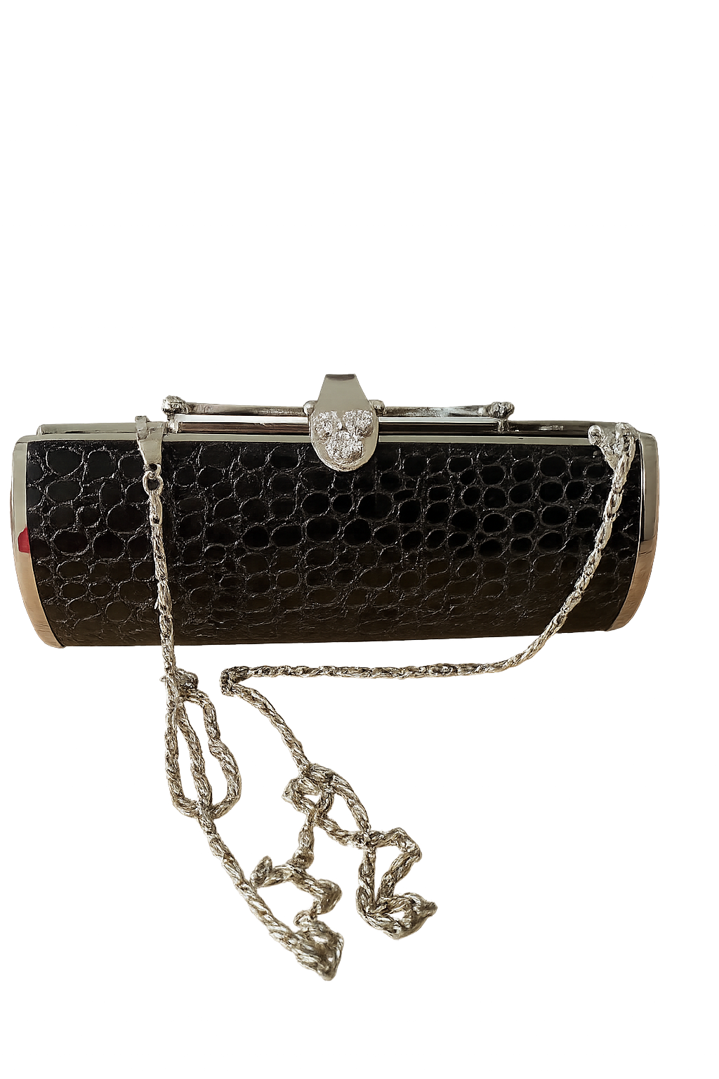 B61 - Black Croc-Pattern Evening Clutch with Rhinestone Clasp & Chain Strap