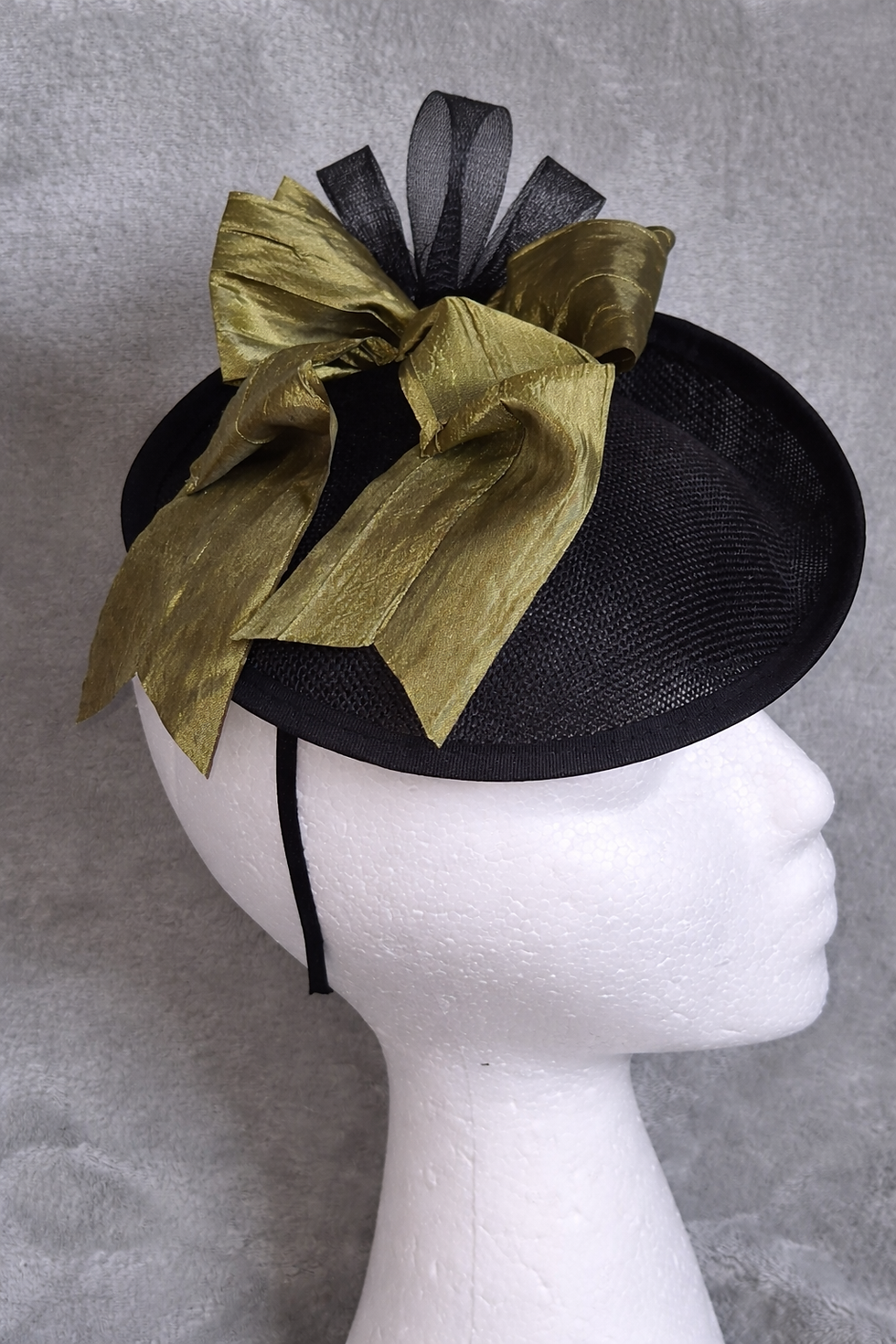 Thumbnail: F87 - Hats Away Black Sinamay Fascinator with Olive Bow & Loop Detail