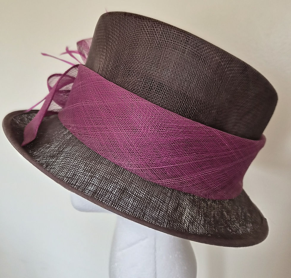 Thumbnail: H148 - John Lewis Brown & Cerise Pink Sinamay Occasion Hat with Feather Trim